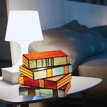 Stained Glass Stacked Books Lamp, Stacked Books Glass Lamp, LED Book Light, Cute Nightstand Desk Lamps, Reading Nook Lighting Vintage Table Lamp for Home Decor Birthday Gift