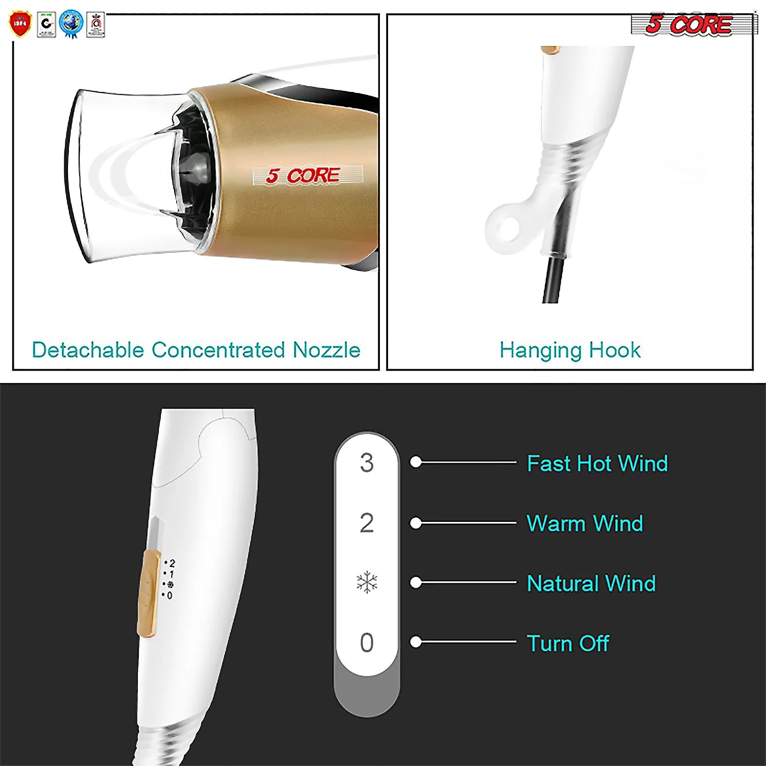 5Core Hair Dryer with Diffuser 1875W AC Motor Blow Dryers W Ceramic Technology Ionic Conditioning