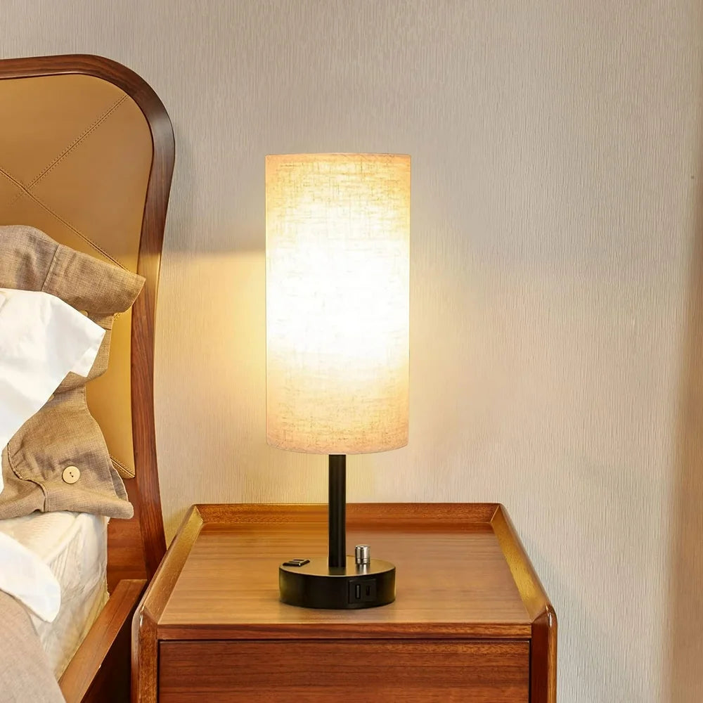 Bedside Lamps for Bedrooms Set of 2- Fully Dimmable Nightstand Lamps with USB C Charging Port, Table Lamps with USB Ports and Outlets, Small Lamps with Black Base for Living Room, Office