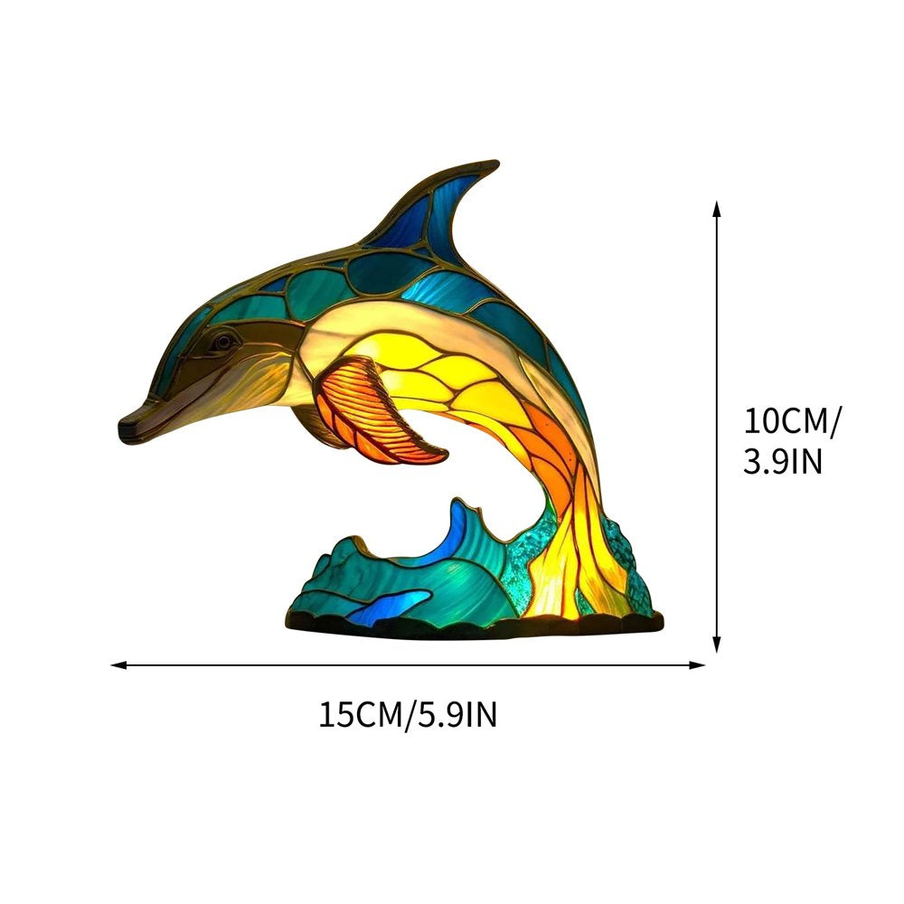 Animal Table Lamp Series, Retro Table Lamp, Stained Glass Wolf Horse Dolphin Owl Turtle Bedside Lamp Night Light Dyed Resin Lamp for Bedroom Animal Lovers Home Decoration