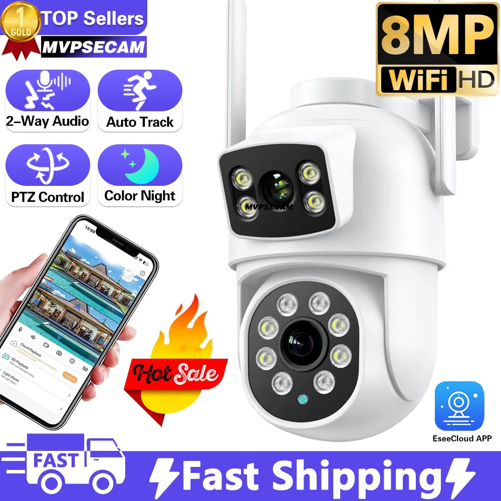 8MP PTZ Wifi Camera Dual Lens Auto Tracking Ai Human Detection CCTV Video Outdoor Surveillance Camera Security CCTV IP Cameras