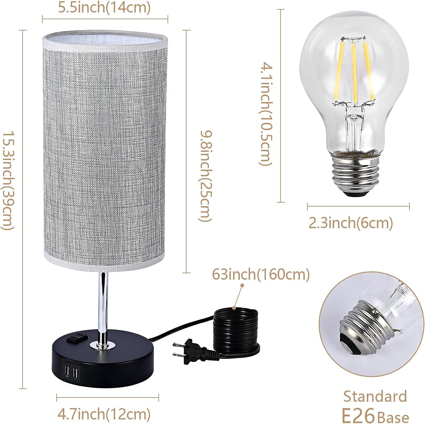 Bedside Table Lamp for Bedroom - Stepless Dimmable Nightstand Lamp with 2 USB Port, 1 Outlet and Gray Fabric Shade, Desk Lamp for Bedroom Living Room Office(Bulb Included)