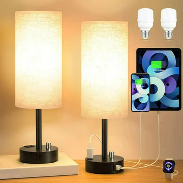 Bedside Lamps for Bedrooms Set of 2- Fully Dimmable Nightstand Lamps with USB C Charging Port, Table Lamps with USB Ports and Outlets, Small Lamps with Black Base for Living Room, Office