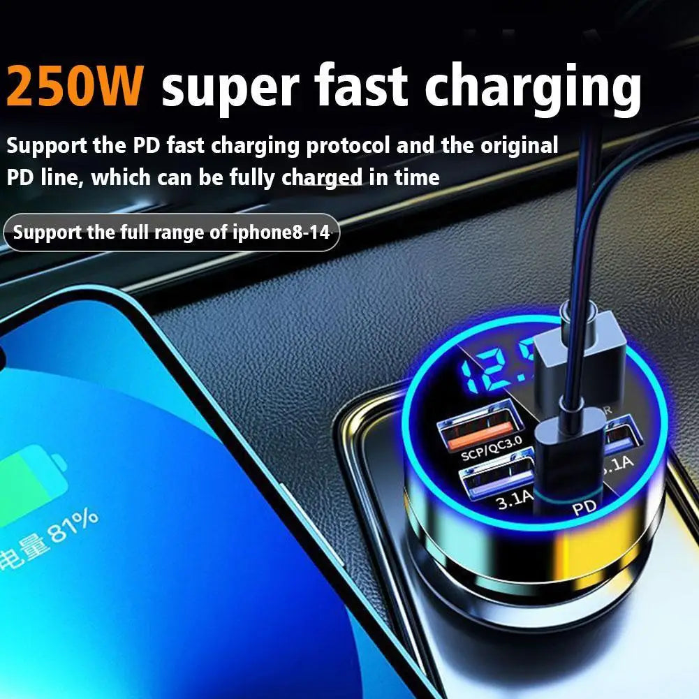 4 Port USB Car Charger Type C PD 250W Fast Charging Adapter for Huawei OPPO Oneplus Iphone 14 Pro Max 13 12 11 Mini XS