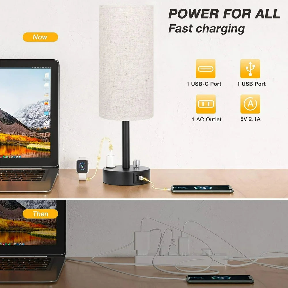 Bedside Lamps for Bedrooms Set of 2- Fully Dimmable Nightstand Lamps with USB C Charging Port, Table Lamps with USB Ports and Outlets, Small Lamps with Black Base for Living Room, Office