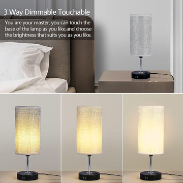 Bedside Table Lamp for Bedroom - Stepless Dimmable Nightstand Lamp with 2 USB Port, 1 Outlet and Gray Fabric Shade, Desk Lamp for Bedroom Living Room Office(Bulb Included)