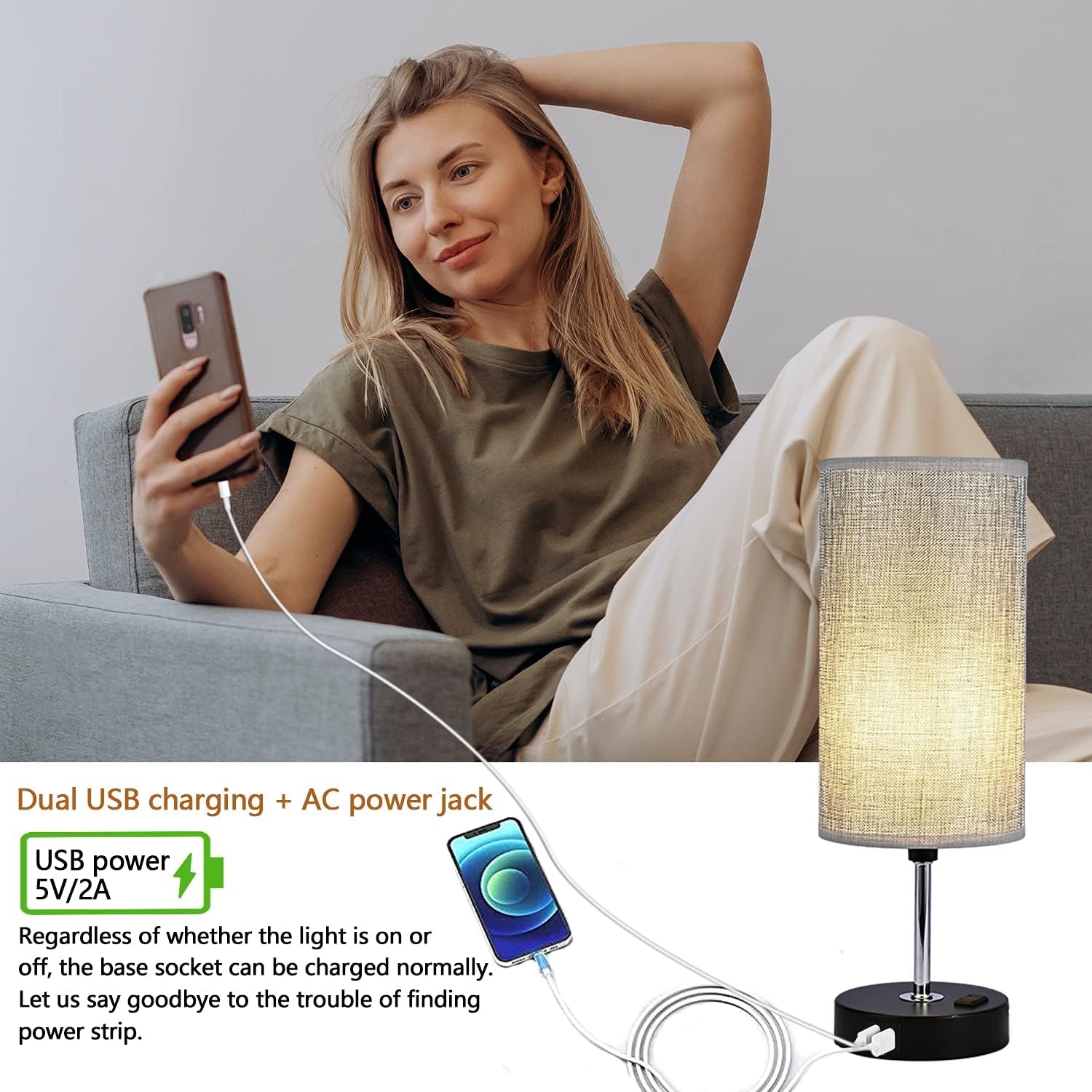 Bedside Table Lamp for Bedroom - Stepless Dimmable Nightstand Lamp with 2 USB Port, 1 Outlet and Gray Fabric Shade, Desk Lamp for Bedroom Living Room Office(Bulb Included)