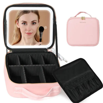 Makeup Bag with LED Mirror Multiple Color Travel Makeup Bag with Mirror Lighted Makeup Case of 3-Colour LED Lighted Makeup Train Case with Adjustable Dividers, Makeup Case with Mirror Makeup Bags