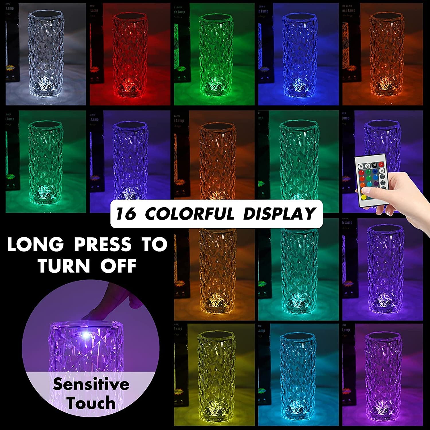 Crystal Lamp,Crystal Lights Touching Control Rose Crystal Lamp with USB Port,16 RGB Color Changing Romantic Rose Diamond Table Lamp LED Night Light for Bedroom Living Room, Kids Room, Office