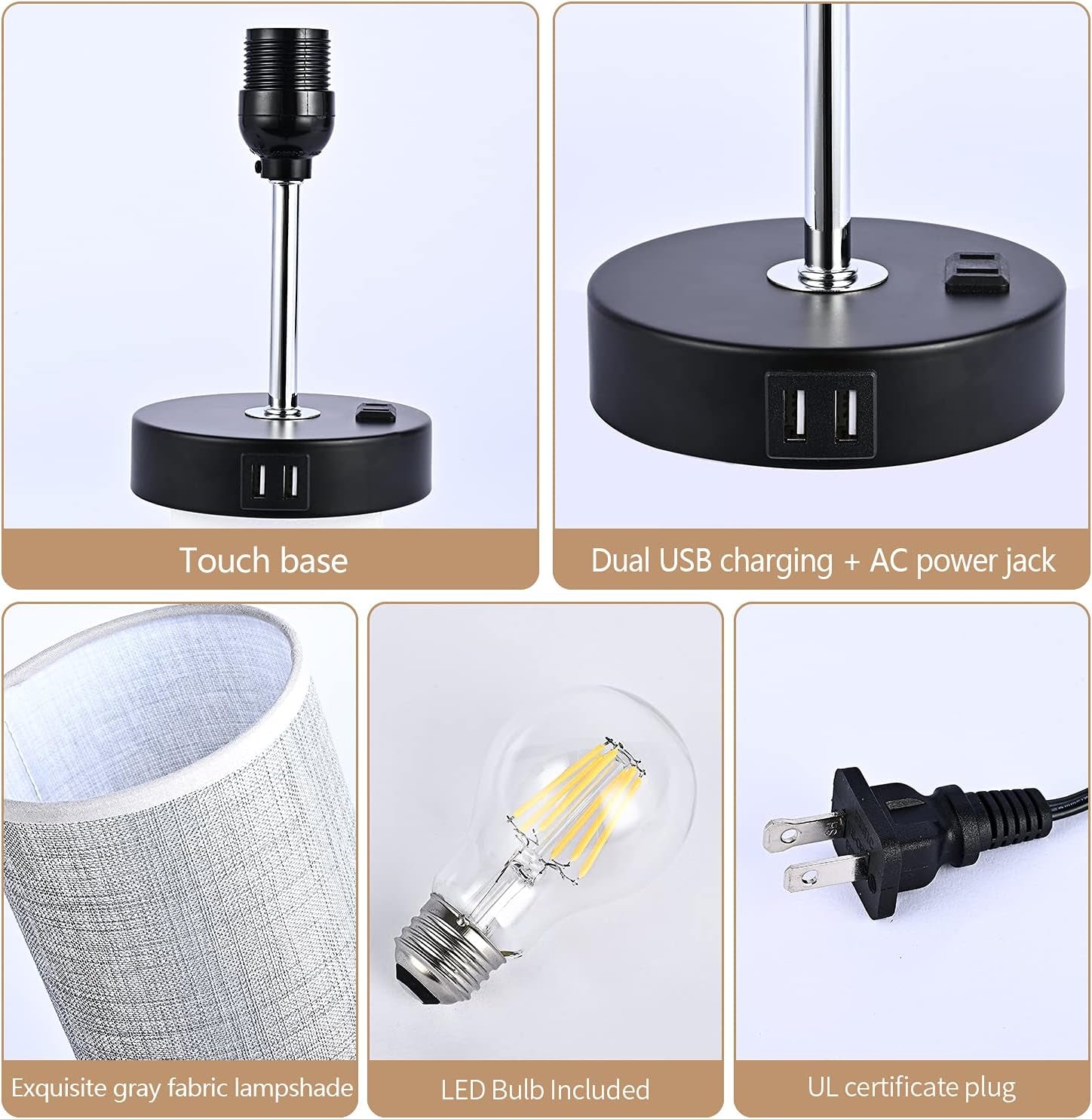 Bedside Table Lamp for Bedroom - Stepless Dimmable Nightstand Lamp with 2 USB Port, 1 Outlet and Gray Fabric Shade, Desk Lamp for Bedroom Living Room Office(Bulb Included)