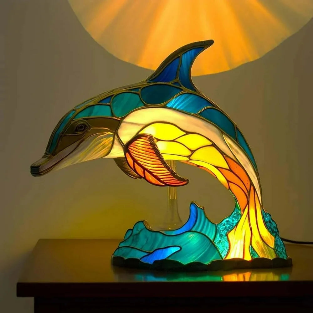 Animal Table Lamp Series, Retro Table Lamp, Stained Glass Wolf Horse Dolphin Owl Turtle Bedside Lamp Night Light Dyed Resin Lamp for Bedroom Animal Lovers Home Decoration