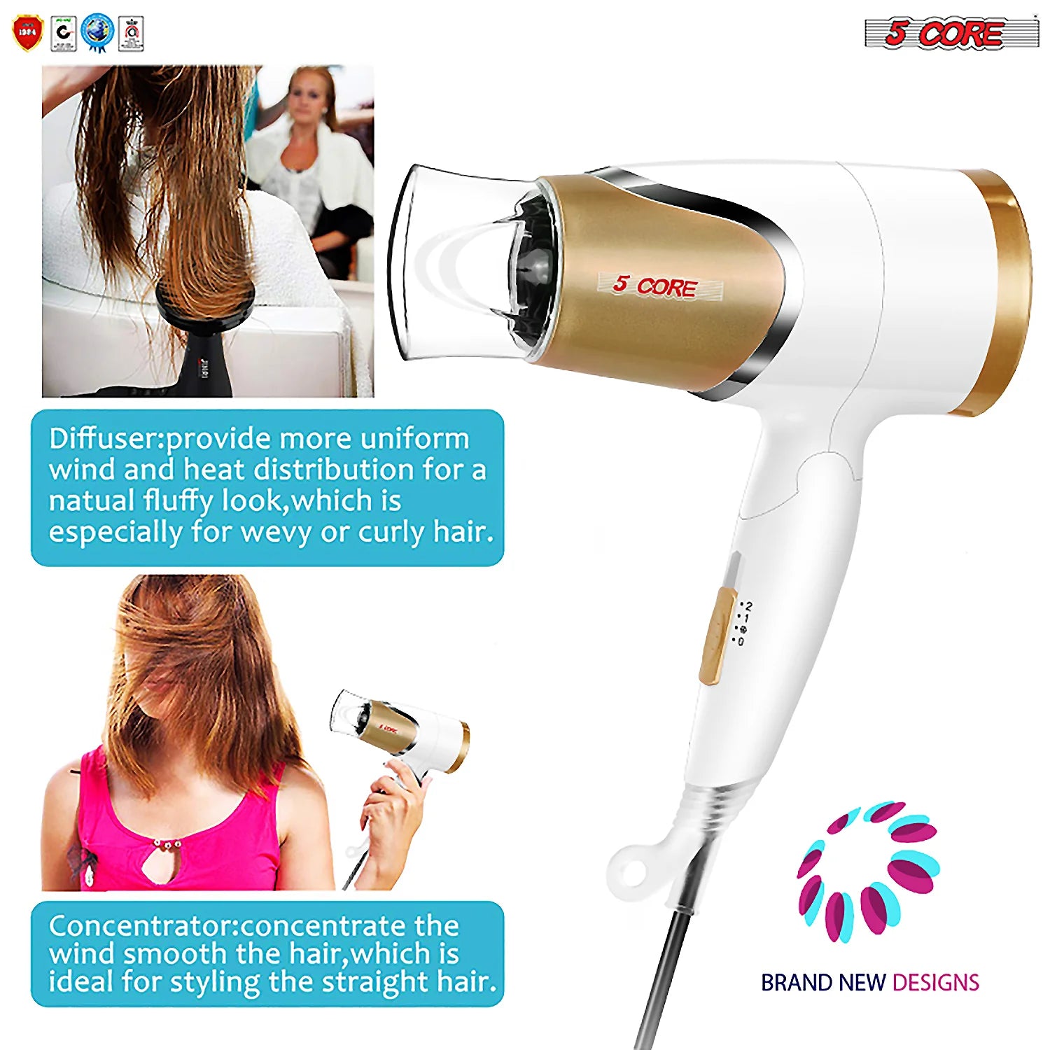 5Core Hair Dryer with Diffuser 1875W AC Motor Blow Dryers W Ceramic Technology Ionic Conditioning