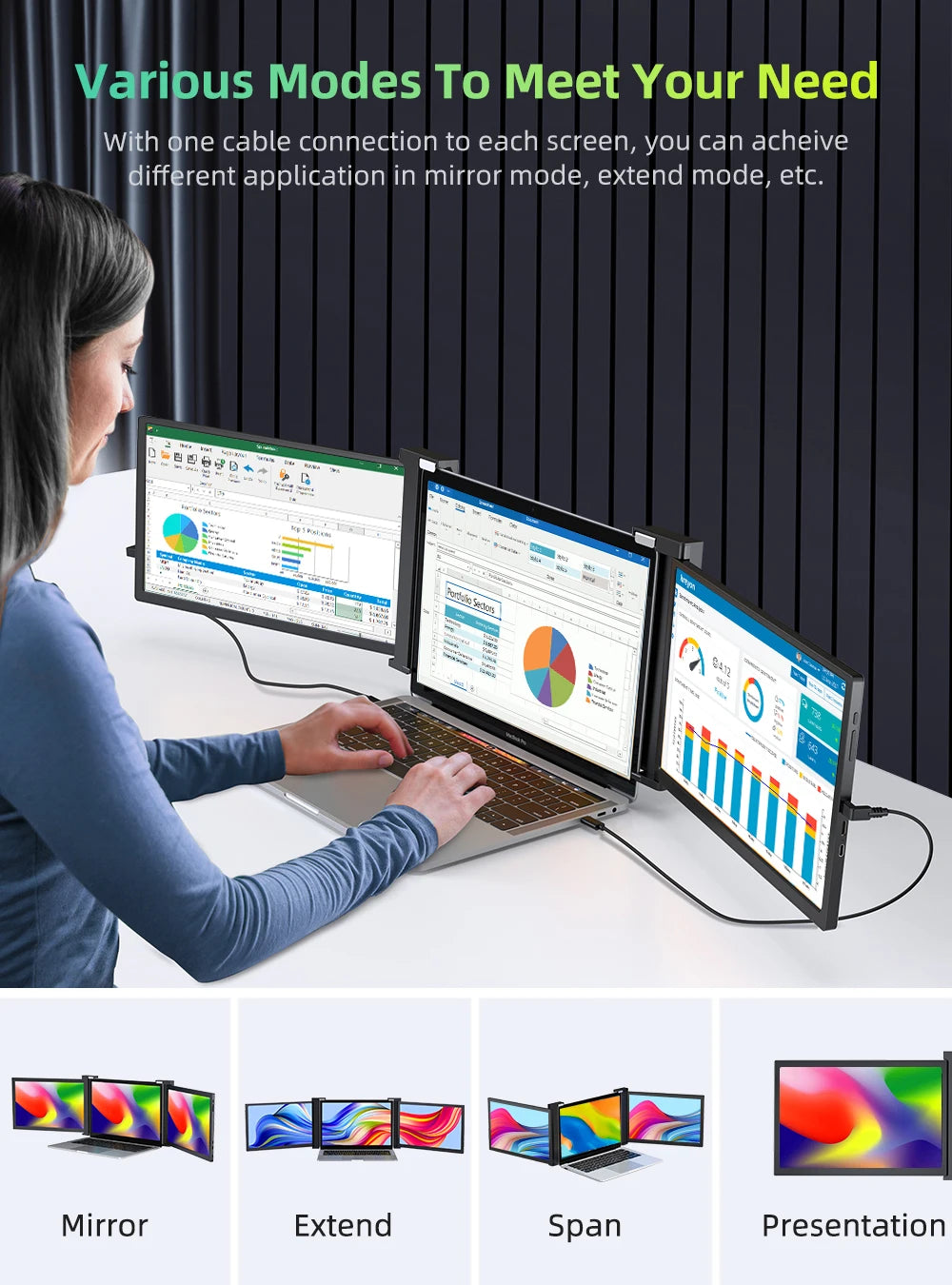 Portable Monitor for Laptop 14" Detachable Triple Monitor with Kickstand 1080P HDR IPS Dual Extender Screen for 13-16.5"