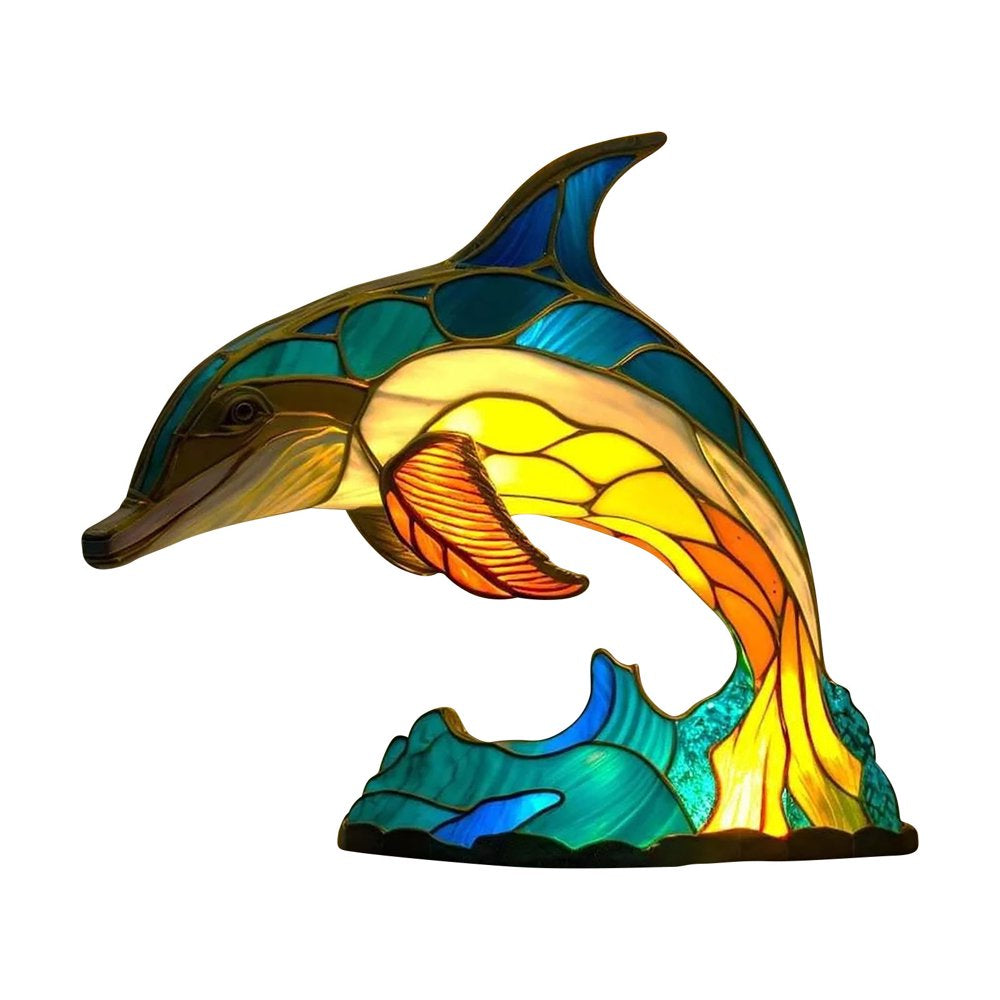 Animal Table Lamp Series, Retro Table Lamp, Stained Glass Wolf Horse Dolphin Owl Turtle Bedside Lamp Night Light Dyed Resin Lamp for Bedroom Animal Lovers Home Decoration