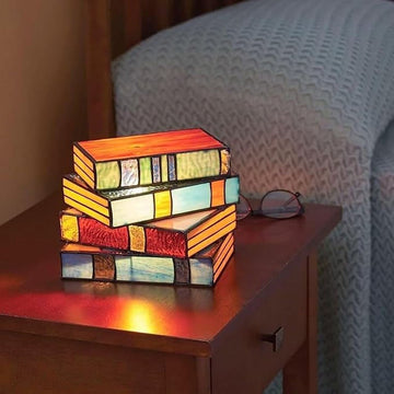 Stained Glass Stacked Books Lamp, Stacked Books Glass Lamp, LED Book Light, Cute Nightstand Desk Lamps, Reading Nook Lighting Vintage Table Lamp for Home Decor Birthday Gift
