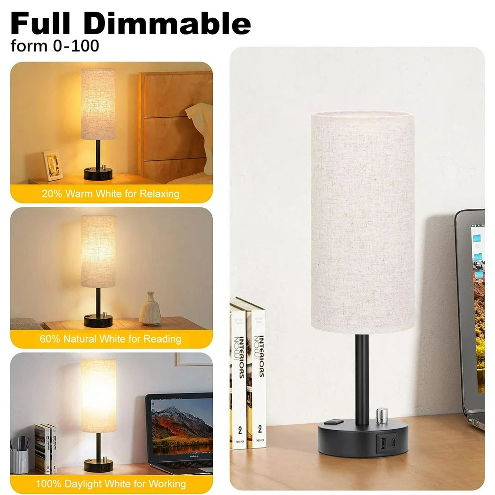 Bedside Lamps for Bedrooms Set of 2- Fully Dimmable Nightstand Lamps with USB C Charging Port, Table Lamps with USB Ports and Outlets, Small Lamps with Black Base for Living Room, Office