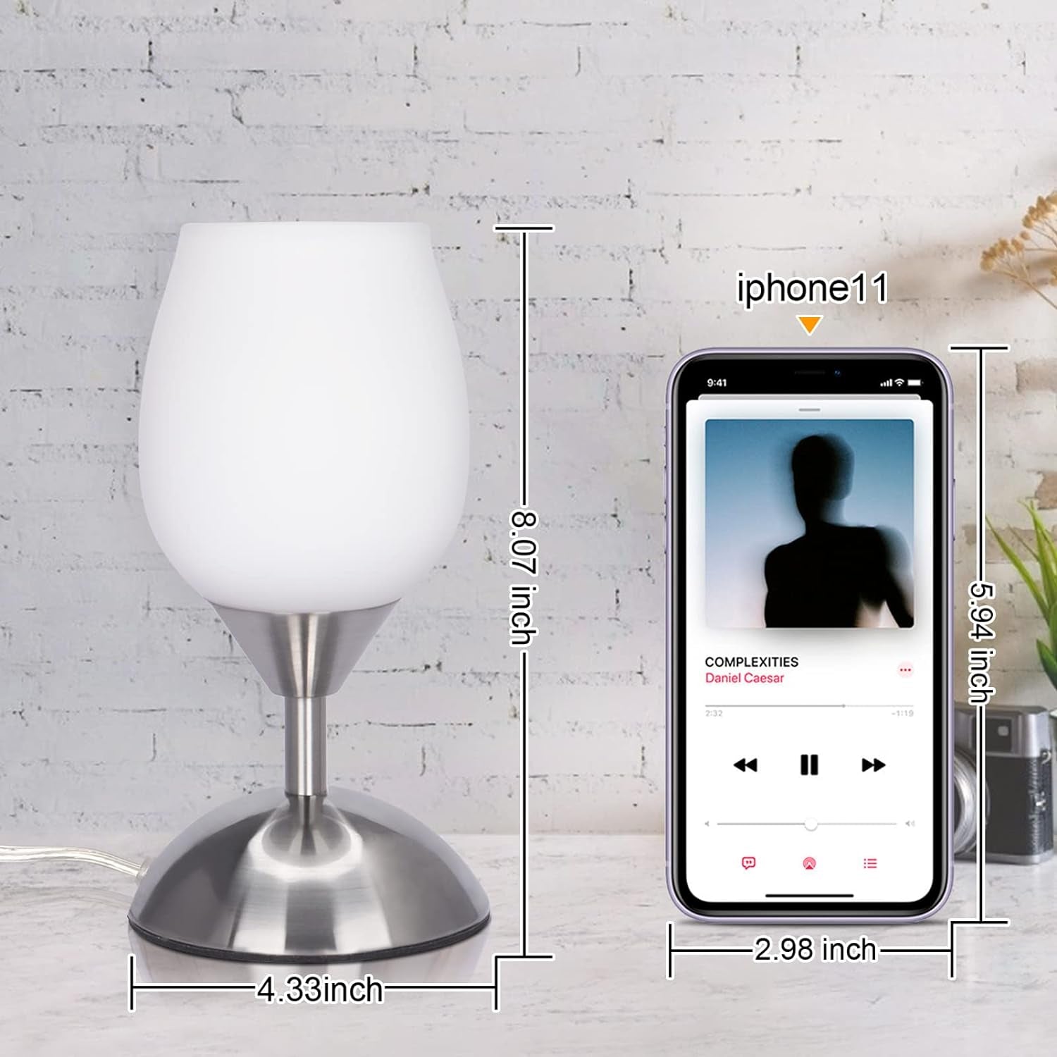 Dimmable Touch Control Table Lamp, Small Lamp with Opal Glass Lampshade Ambient Light Bedside Little Lamp Silver Base Modern Accent Lamp for Bedroom, Living Room, E12 Bulb Included