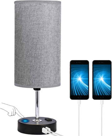 Bedside Table Lamp for Bedroom - Stepless Dimmable Nightstand Lamp with 2 USB Port, 1 Outlet and Gray Fabric Shade, Desk Lamp for Bedroom Living Room Office(Bulb Included)