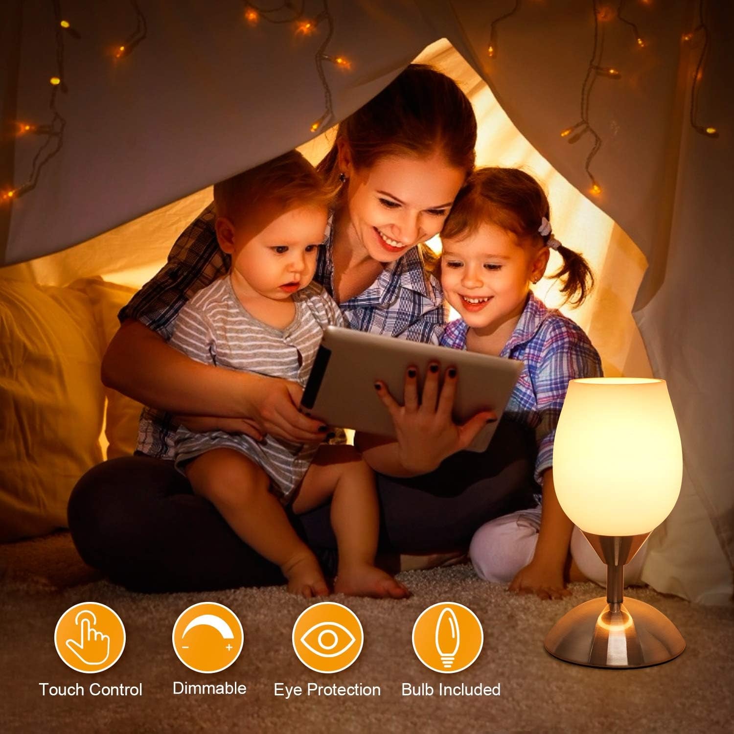 Dimmable Touch Control Table Lamp, Small Lamp with Opal Glass Lampshade Ambient Light Bedside Little Lamp Silver Base Modern Accent Lamp for Bedroom, Living Room, E12 Bulb Included