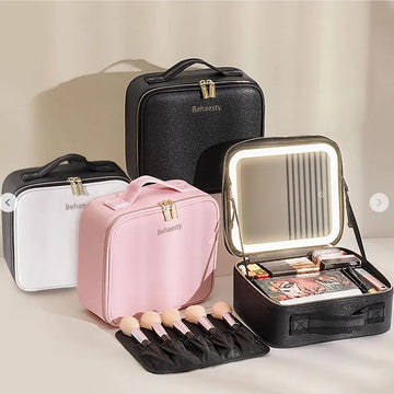 Makeup Bag with LED Mirror Multiple Color Travel Makeup Bag with Mirror Lighted Makeup Case of 3-Colour LED Lighted Makeup Train Case with Adjustable Dividers, Makeup Case with Mirror Makeup Bags
