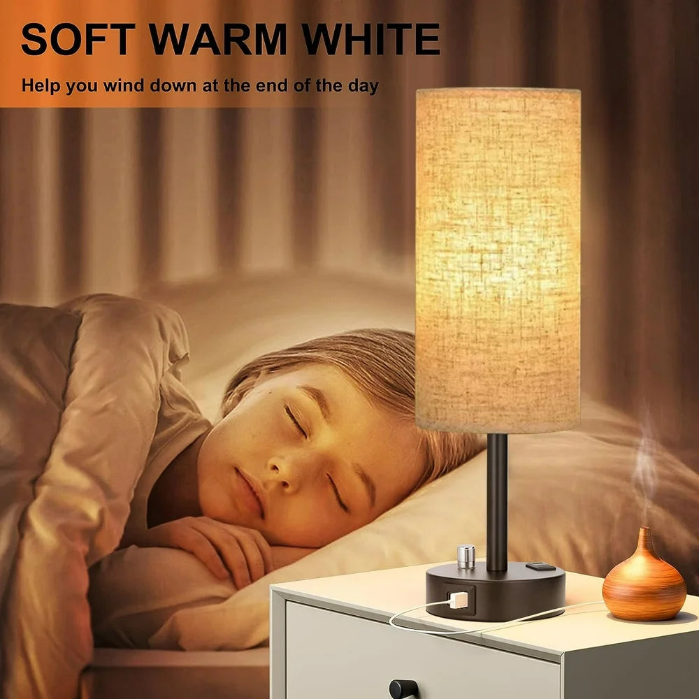 Bedside Lamps for Bedrooms Set of 2- Fully Dimmable Nightstand Lamps with USB C Charging Port, Table Lamps with USB Ports and Outlets, Small Lamps with Black Base for Living Room, Office