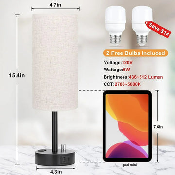 Bedside Lamps for Bedrooms Set of 2- Fully Dimmable Nightstand Lamps with USB C Charging Port, Table Lamps with USB Ports and Outlets, Small Lamps with Black Base for Living Room, Office