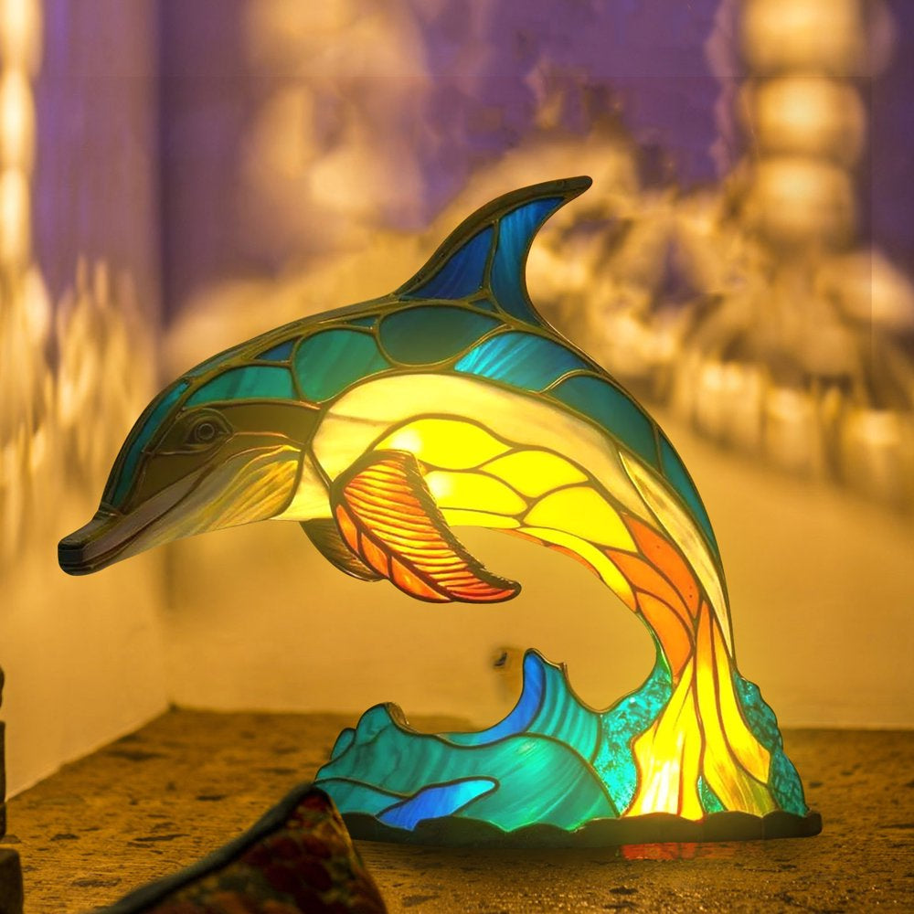 Animal Table Lamp Series, Retro Table Lamp, Stained Glass Wolf Horse Dolphin Owl Turtle Bedside Lamp Night Light Dyed Resin Lamp for Bedroom Animal Lovers Home Decoration