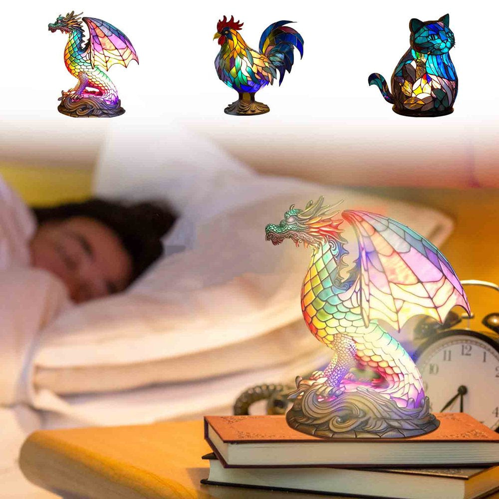 Animal Table Lamp Series, Retro Table Lamp, Stained Glass Giant Dragon Cat Big Rooster Bedside Lamp Night Light Dyed Resin Lamp for Bedroom Animal Lovers Home Decoration