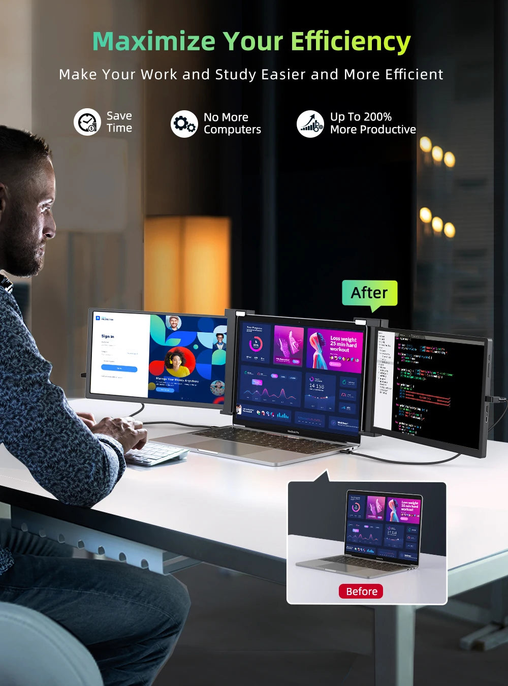 Portable Monitor for Laptop 14" Detachable Triple Monitor with Kickstand 1080P HDR IPS Dual Extender Screen for 13-16.5"