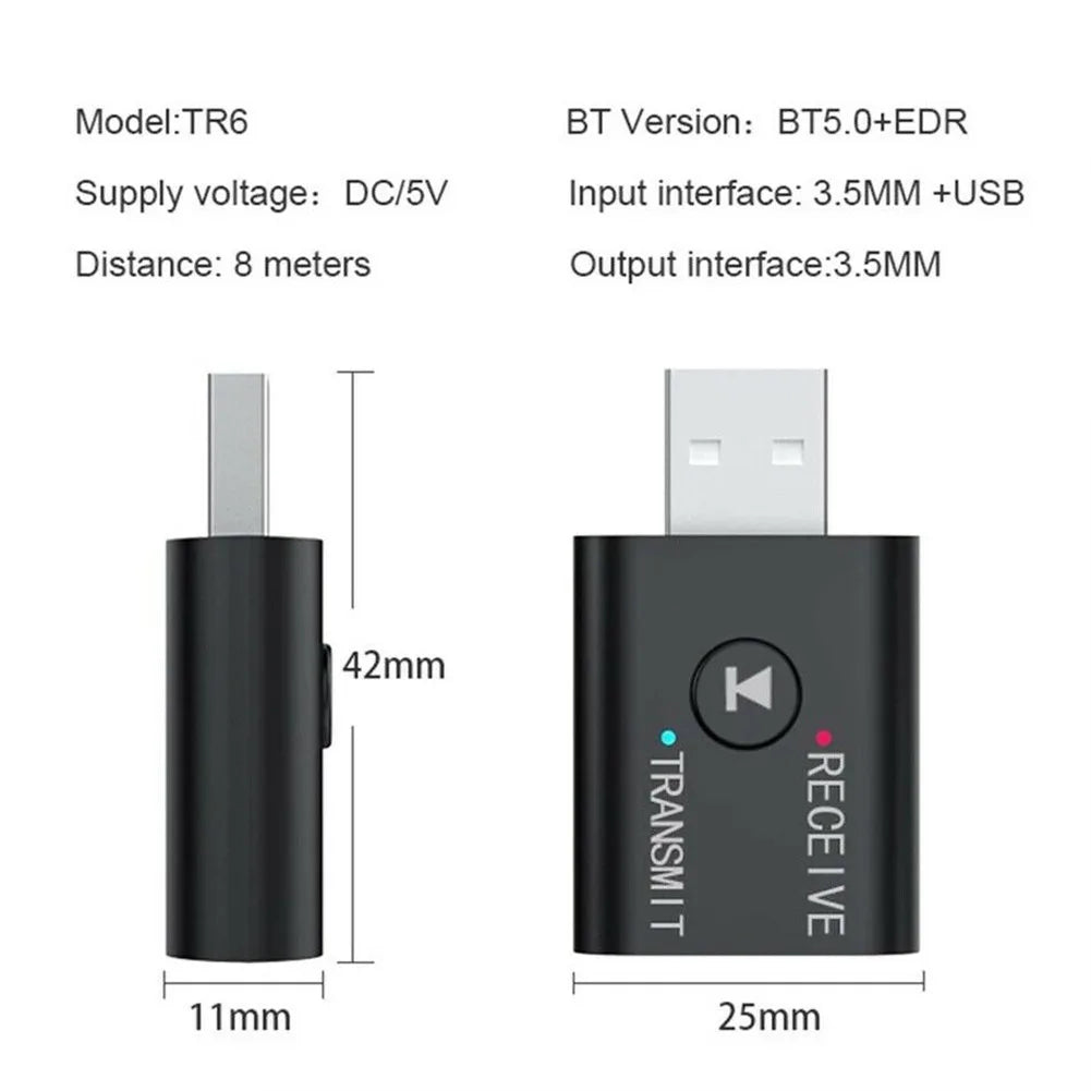 TR6 Bluetooth 5.0 Receiver Transmitter 2 in 1 Wireless Audio 3.5Mm USB Aux Music Adapter for Car Speaker PC TV