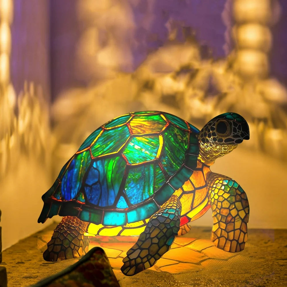 Animal Table Lamp Series, Retro Table Lamp, Stained Glass Wolf Horse Dolphin Owl Turtle Bedside Lamp Night Light Dyed Resin Lamp for Bedroom Animal Lovers Home Decoration