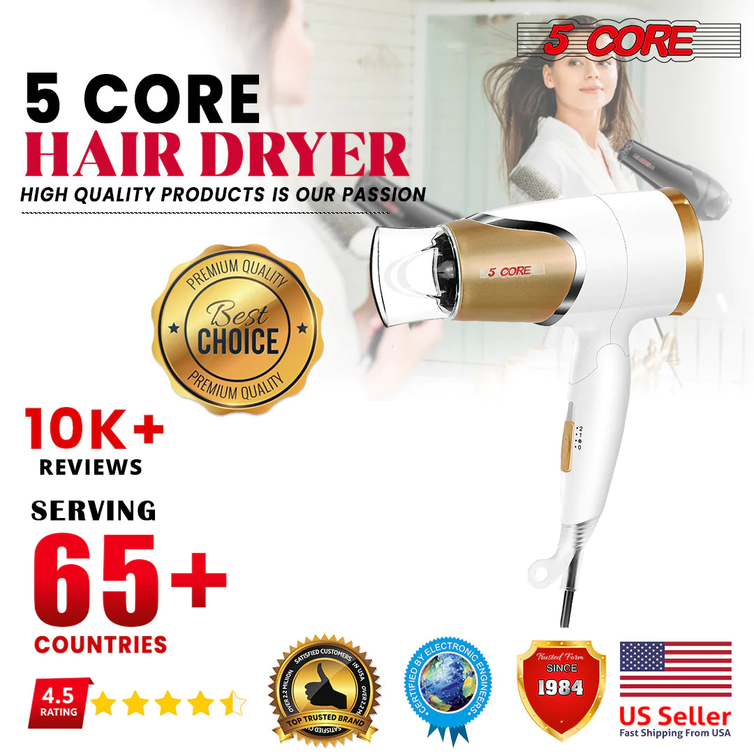 5Core Hair Dryer with Diffuser 1875W AC Motor Blow Dryers W Ceramic Technology Ionic Conditioning