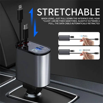 120W 4 in 1 Retractable Car Charger USB Type C Cable for Iphone Xiaomi Huawei Samsung Fast Charge Cord Cigarette Lighter Adapter