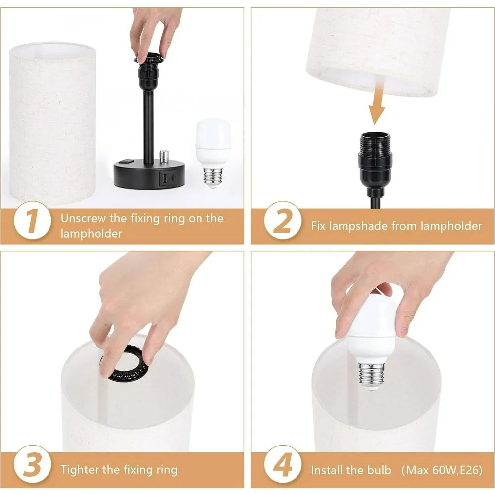 Bedside Lamps for Bedrooms Set of 2- Fully Dimmable Nightstand Lamps with USB C Charging Port, Table Lamps with USB Ports and Outlets, Small Lamps with Black Base for Living Room, Office