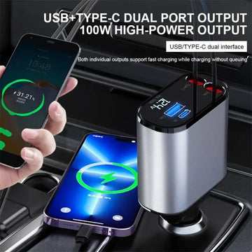 120W 4 in 1 Retractable Car Charger USB Type C Cable for Iphone Xiaomi Huawei Samsung Fast Charge Cord Cigarette Lighter Adapter