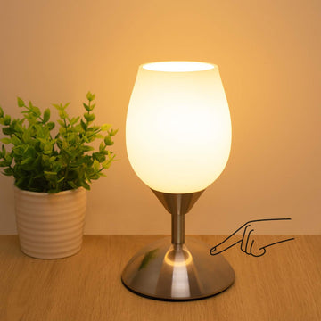 Dimmable Touch Control Table Lamp, Small Lamp with Opal Glass Lampshade Ambient Light Bedside Little Lamp Silver Base Modern Accent Lamp for Bedroom, Living Room, E12 Bulb Included